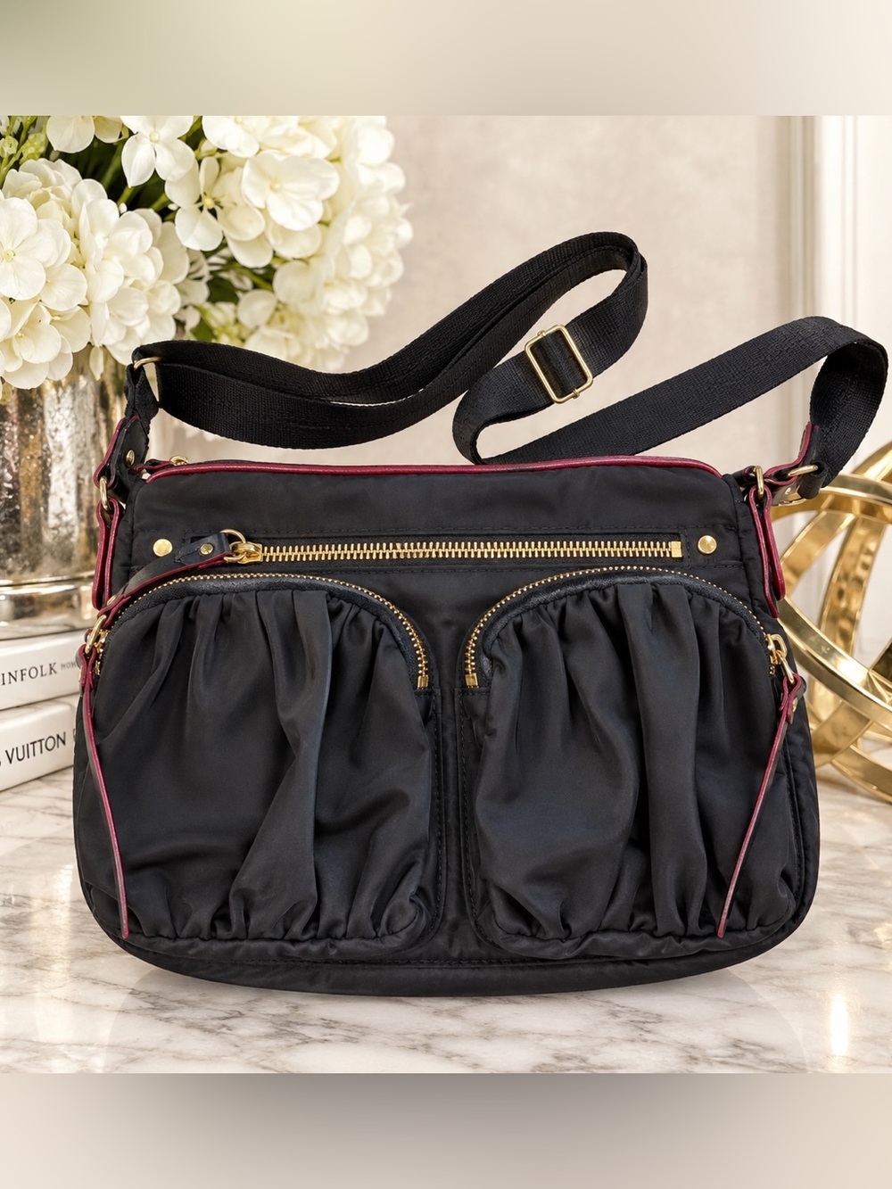 MZ Wallace Mia Black Nylon Crossbody Bag Red Trim Gold Hardware